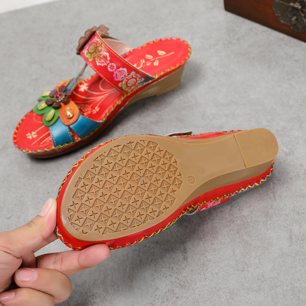 Lady&prime;s Bohemian Floral Leather Slipper Hand Sewn Beads Flip Flop