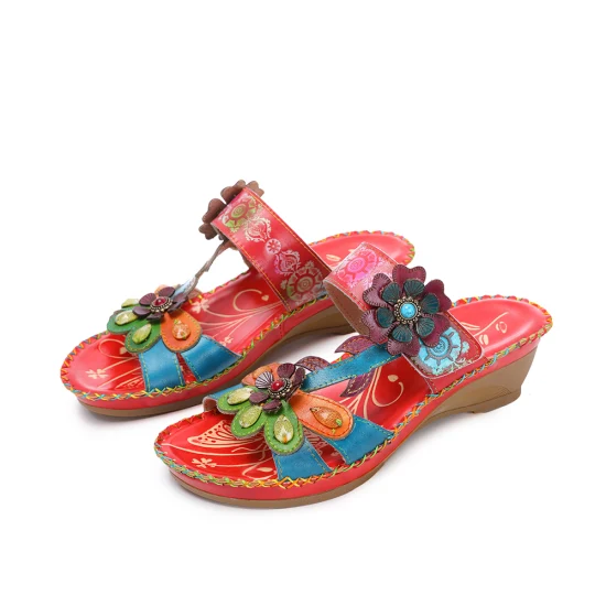 Lady′s Bohemian Floral Leather Slipper Hand Sewn Beads Flip Flop