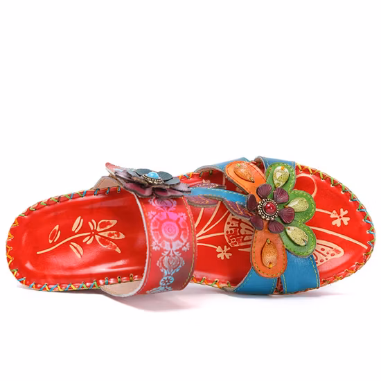 Lady′s Bohemian Floral Leather Slipper Hand Sewn Beads Flip Flop
