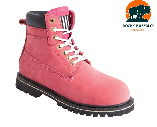 Rocky Buffalo Pink Cow Leather Genuine Leather Western Cow Boy Rubber Sole Safety Shoes with Shoelace 
