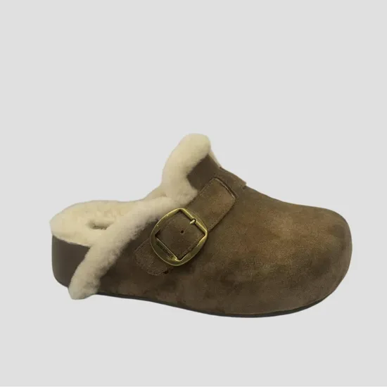 Warm Fur Lined Suede Mule Slides Slippers Featuring Gold Buckle for Home Relaxation 