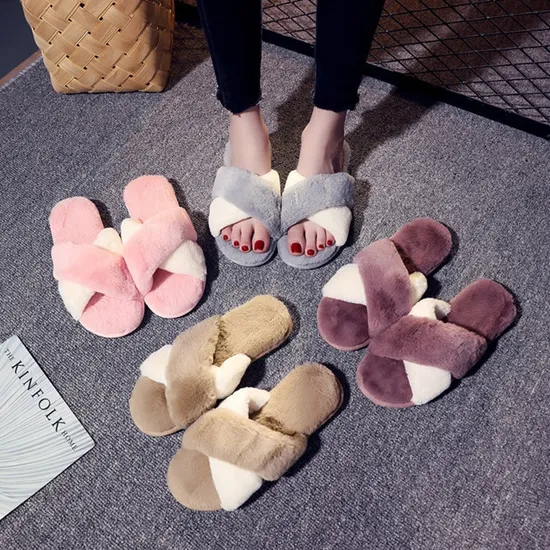 Wholesale Fashion Custom Mix Colour Faux Fur Warm Women Indoor Soft Plush Shoes Plain Bedroom Open Toe Winter Slides Slippers 